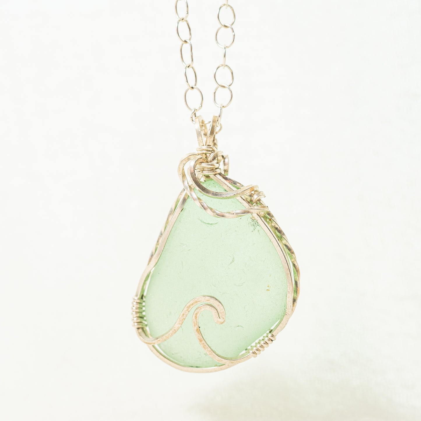 Hammered Wave Light Teal Gray Seaglass Pendant