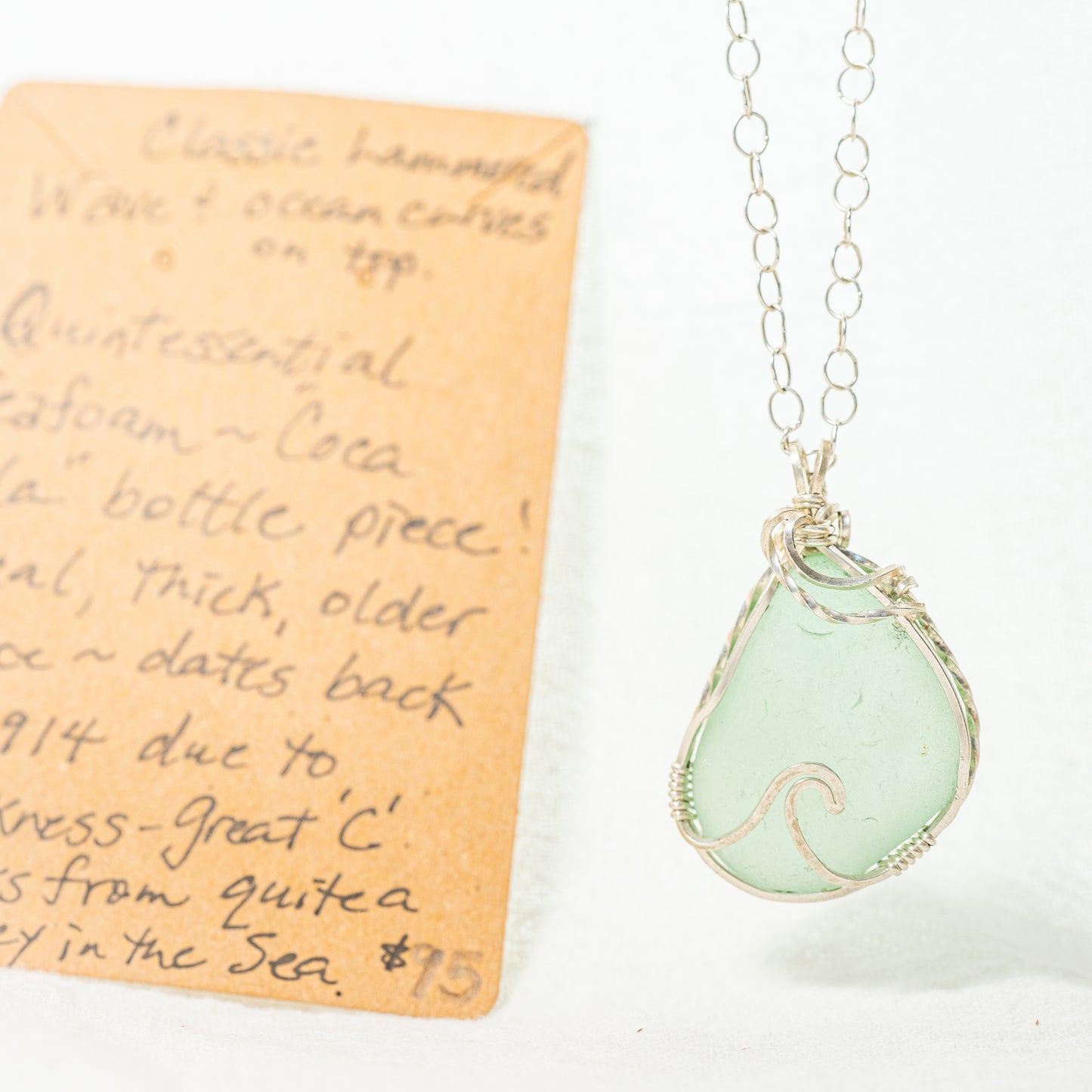 Hammered Wave Light Teal Gray Seaglass Pendant