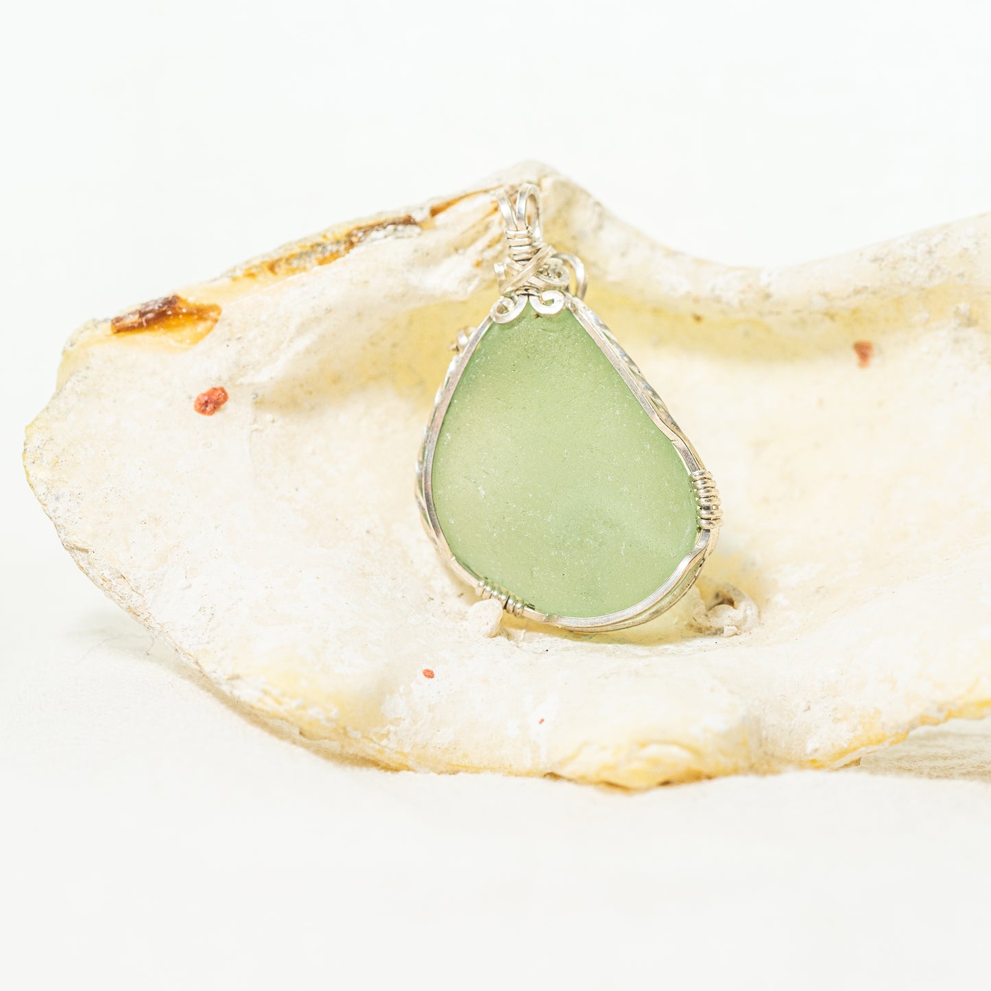 Hammered Wave Light Teal Gray Seaglass Pendant