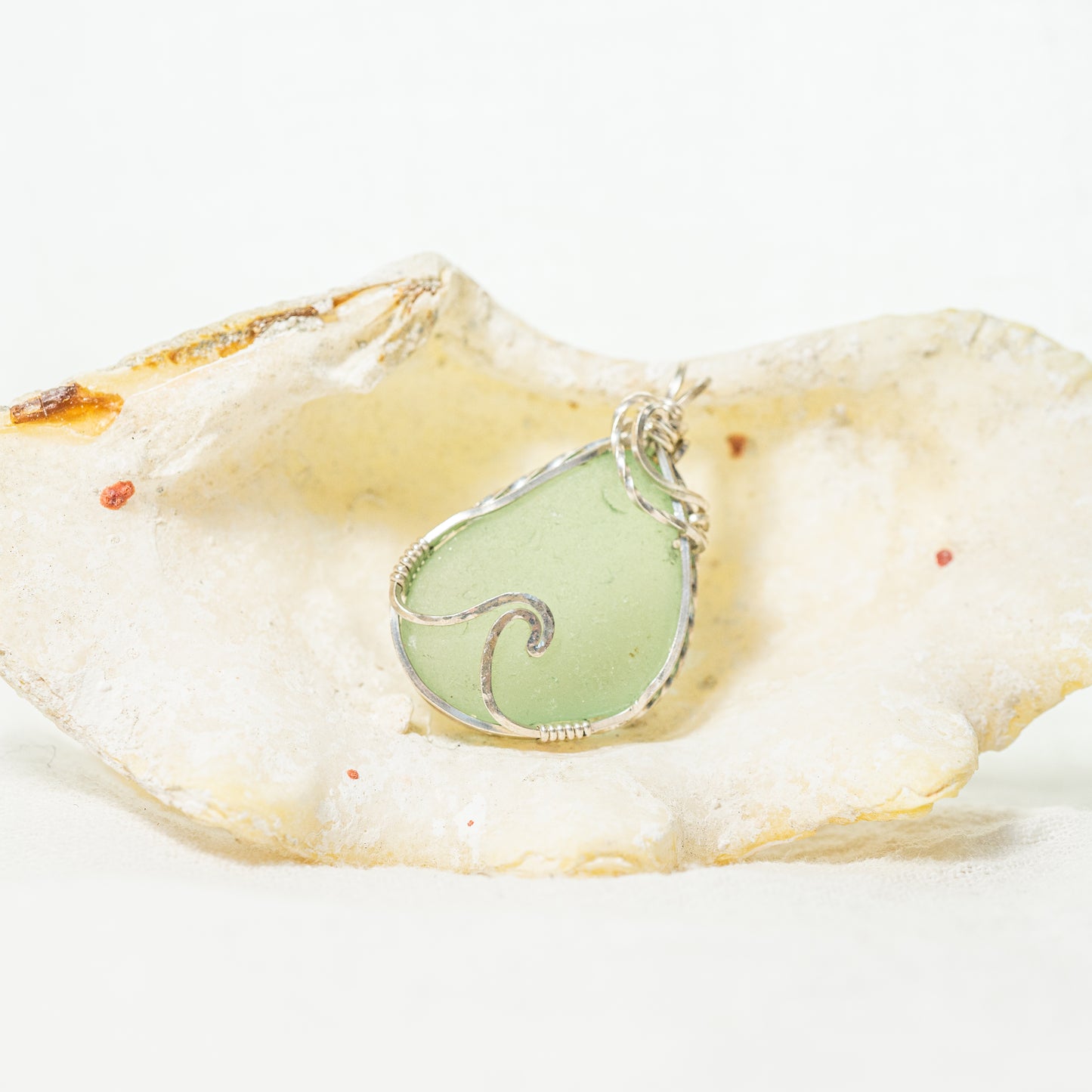 Hammered Wave Light Teal Gray Seaglass Pendant
