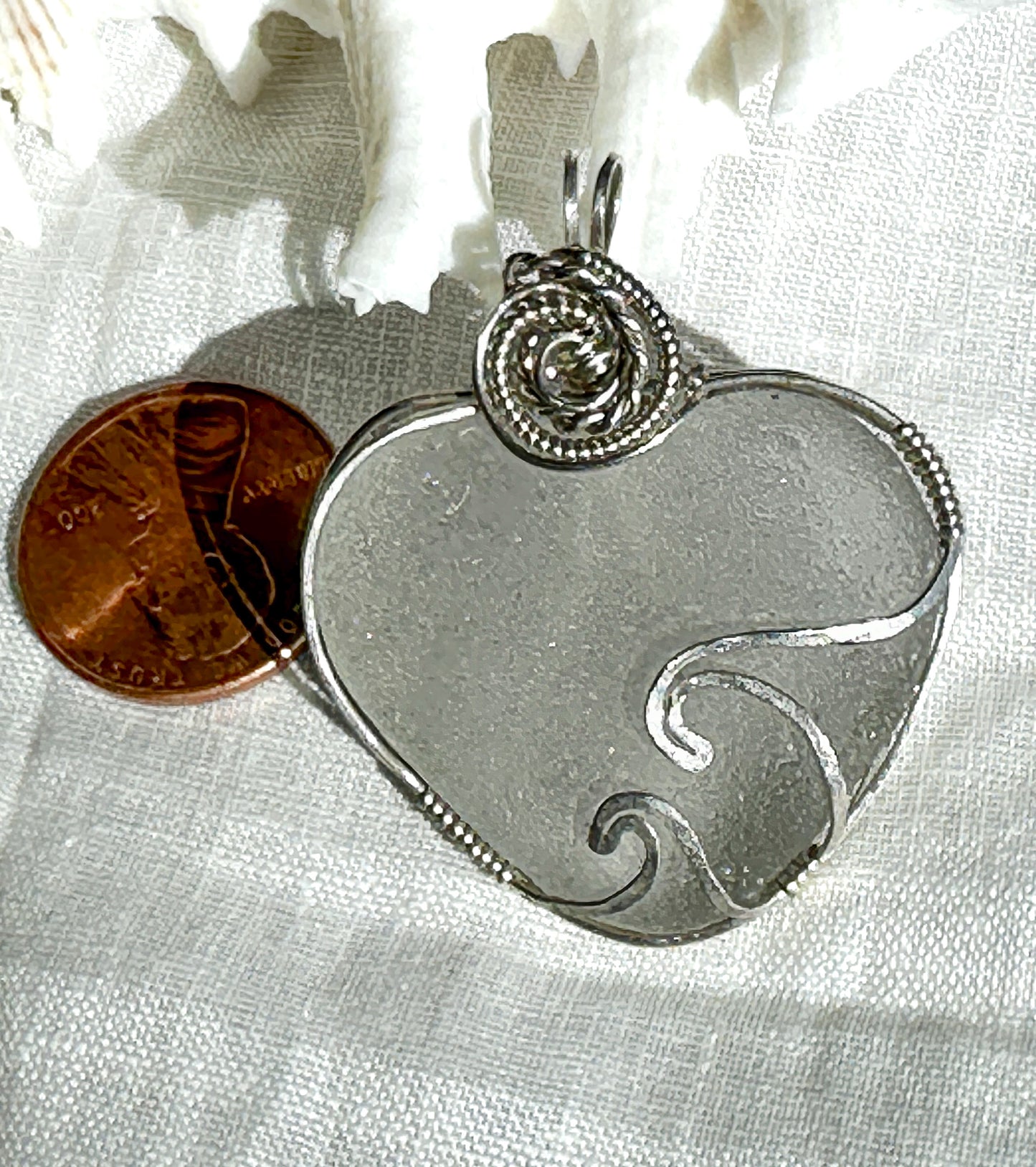 Perfect WHITE Heart Sea Glass Pendant DOUBLE WAVE