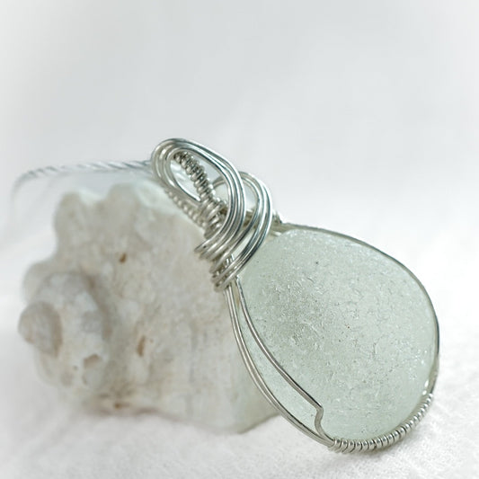 Large White California Sea Glass Sterling Pendant
