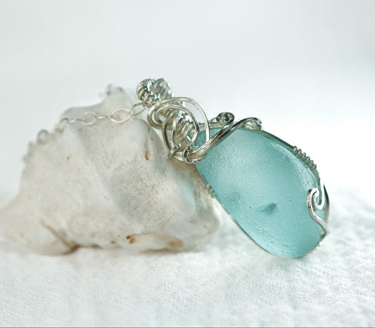Stunning Light Teal Blue Sea Glass Necklace