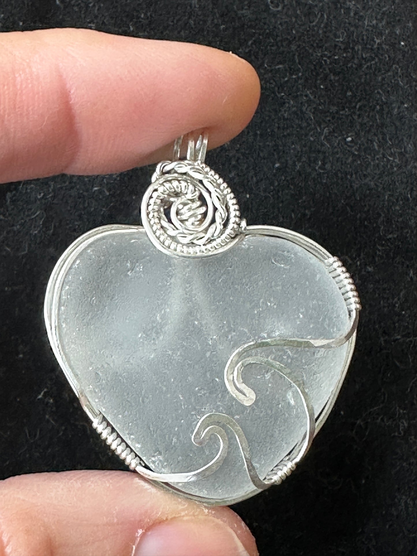 Perfect WHITE Heart Sea Glass Pendant DOUBLE WAVE